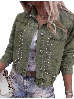 Women's Green Studded Denim Jacket Casual Loose Cropped Jean Coat Long Sleeve